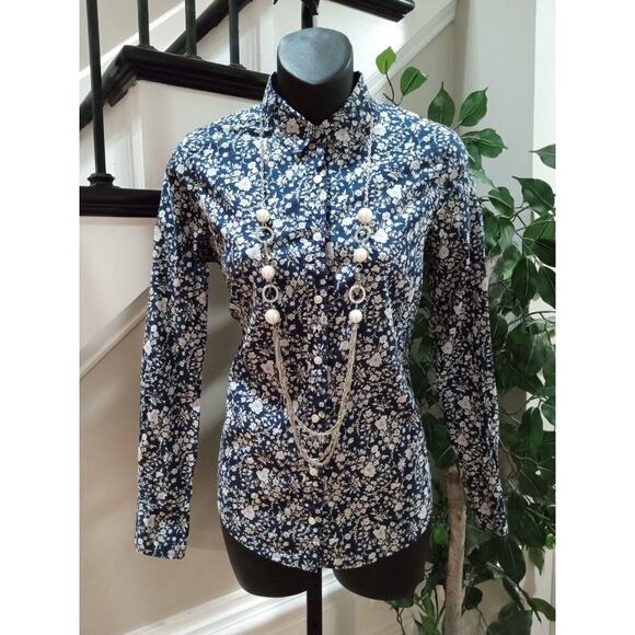 Liberty For J.CREW Women's Navy Floral Cotton Collared Button Down Shirt Size 2 - Picture 1 of 8